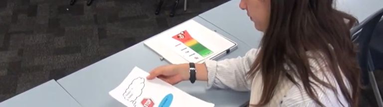 Teacher looking at sheets with visuals on them