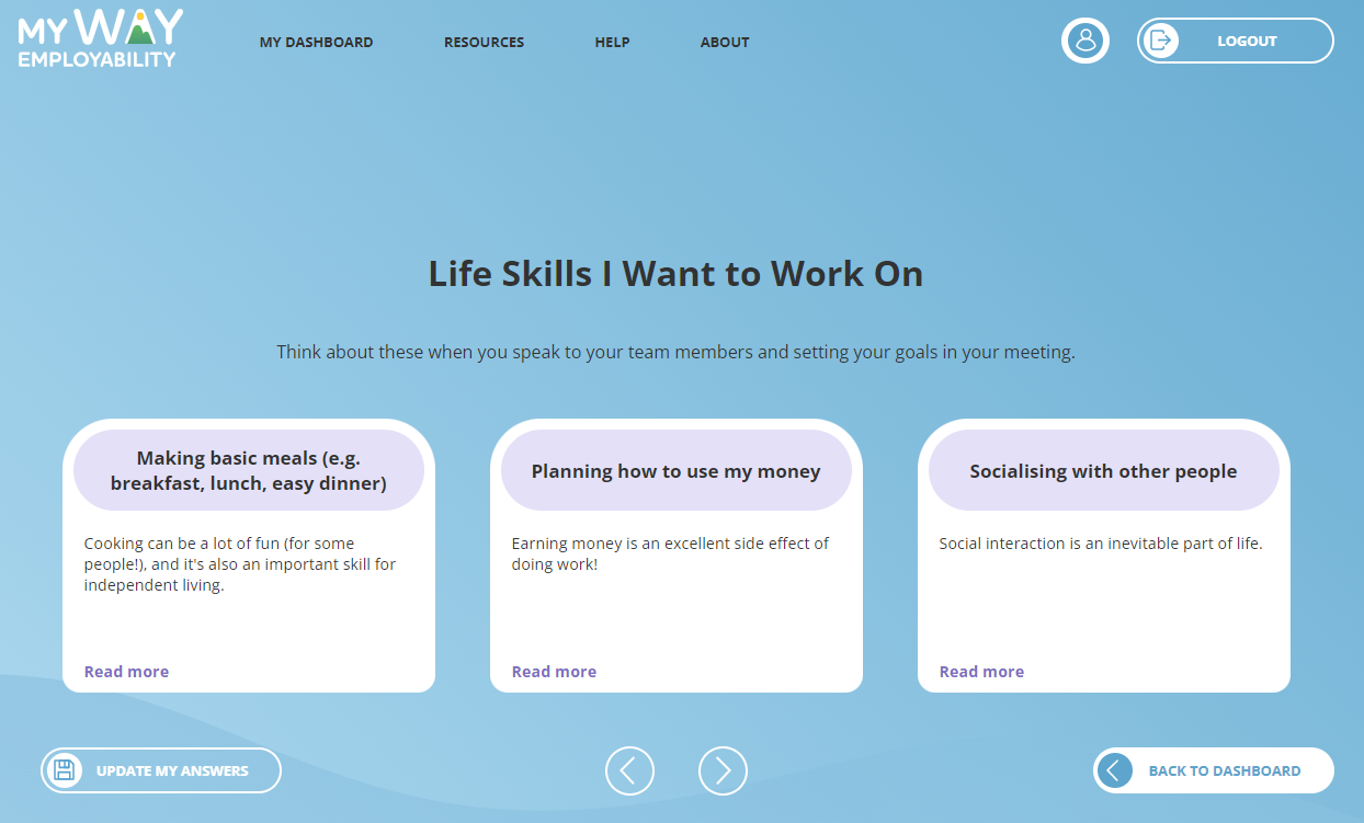 myWAY Employability Life Skills results page