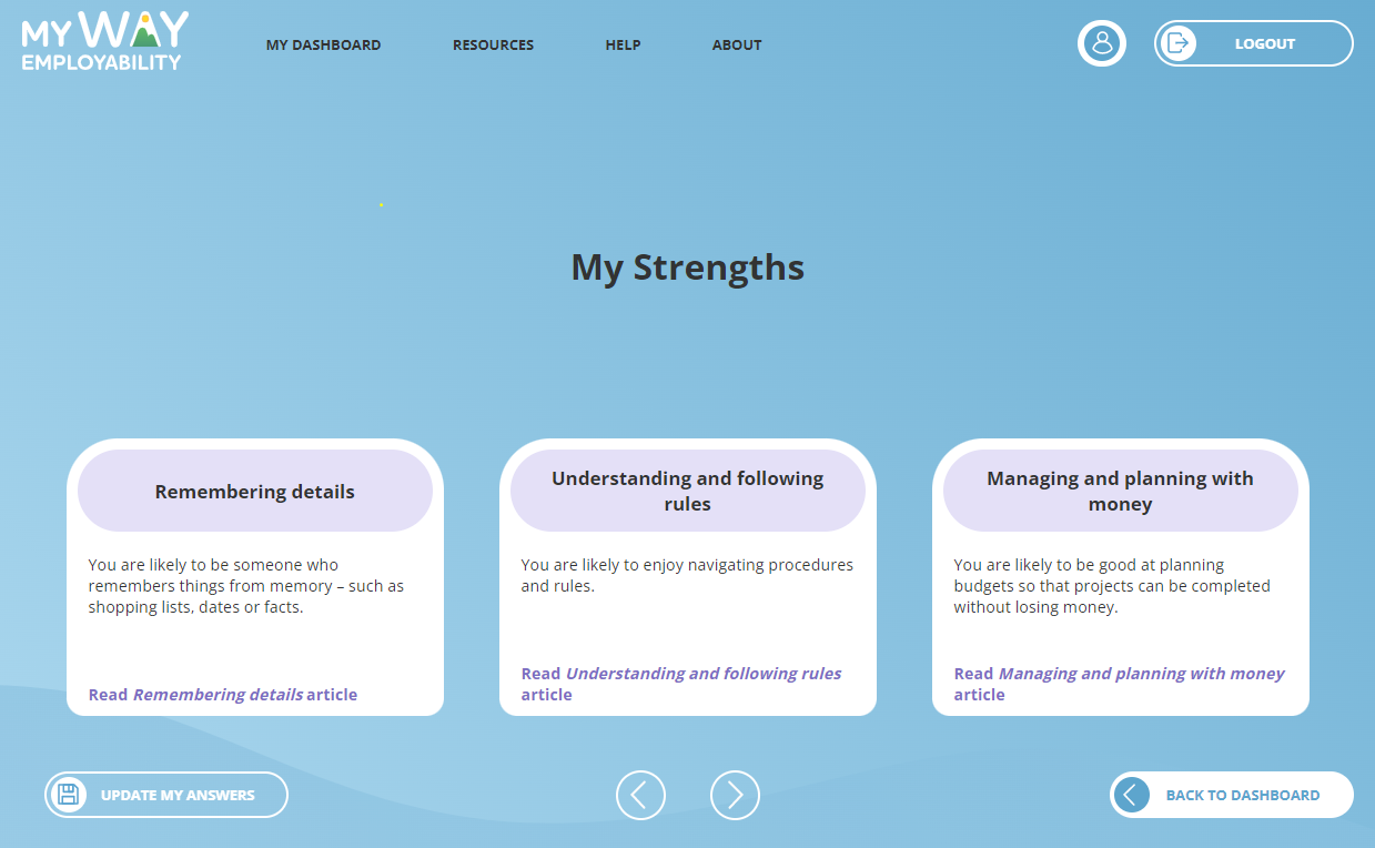 myWAY Employability My Strengths results page