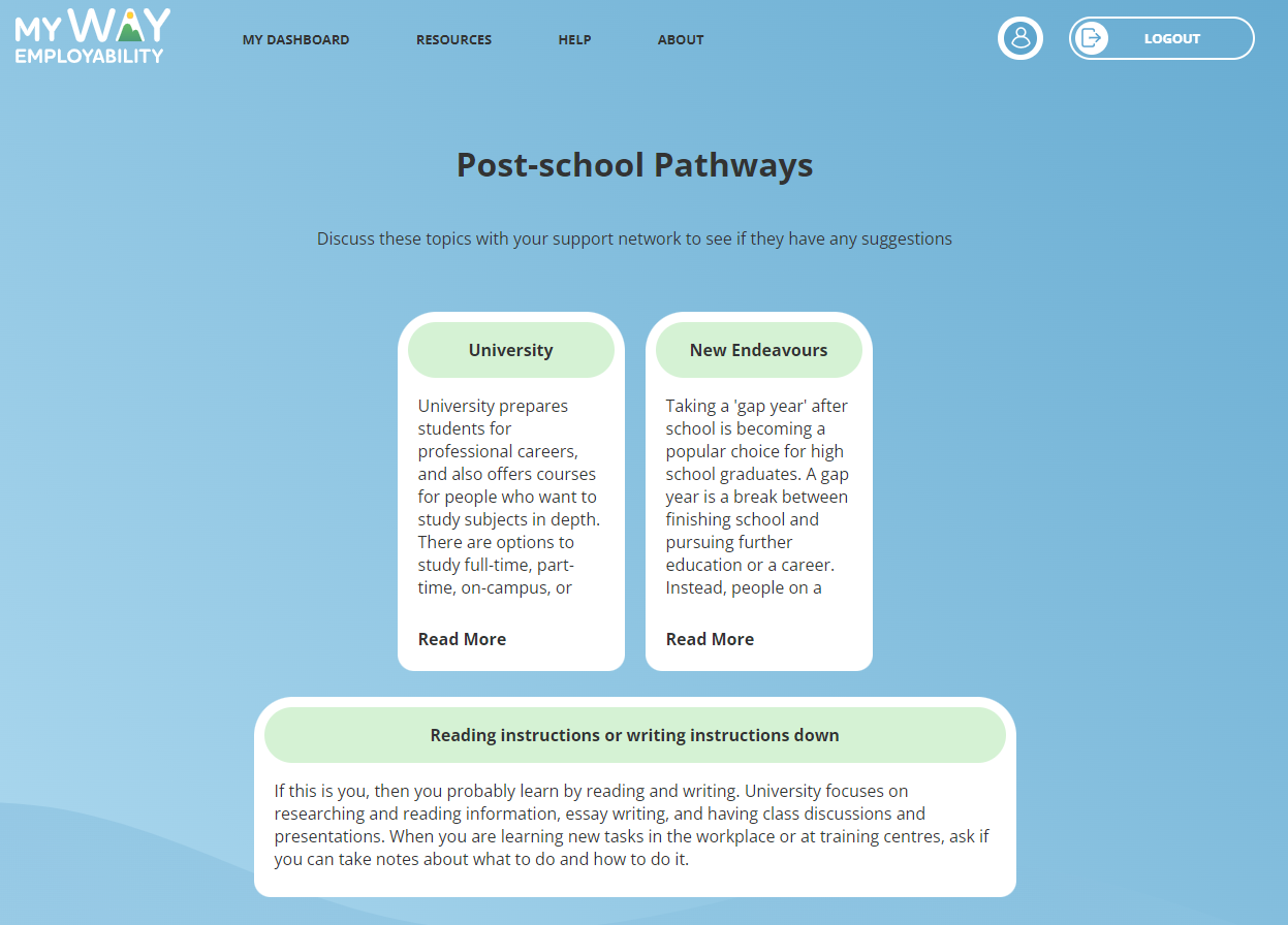 myWAY Employability Post-school Pathways results page